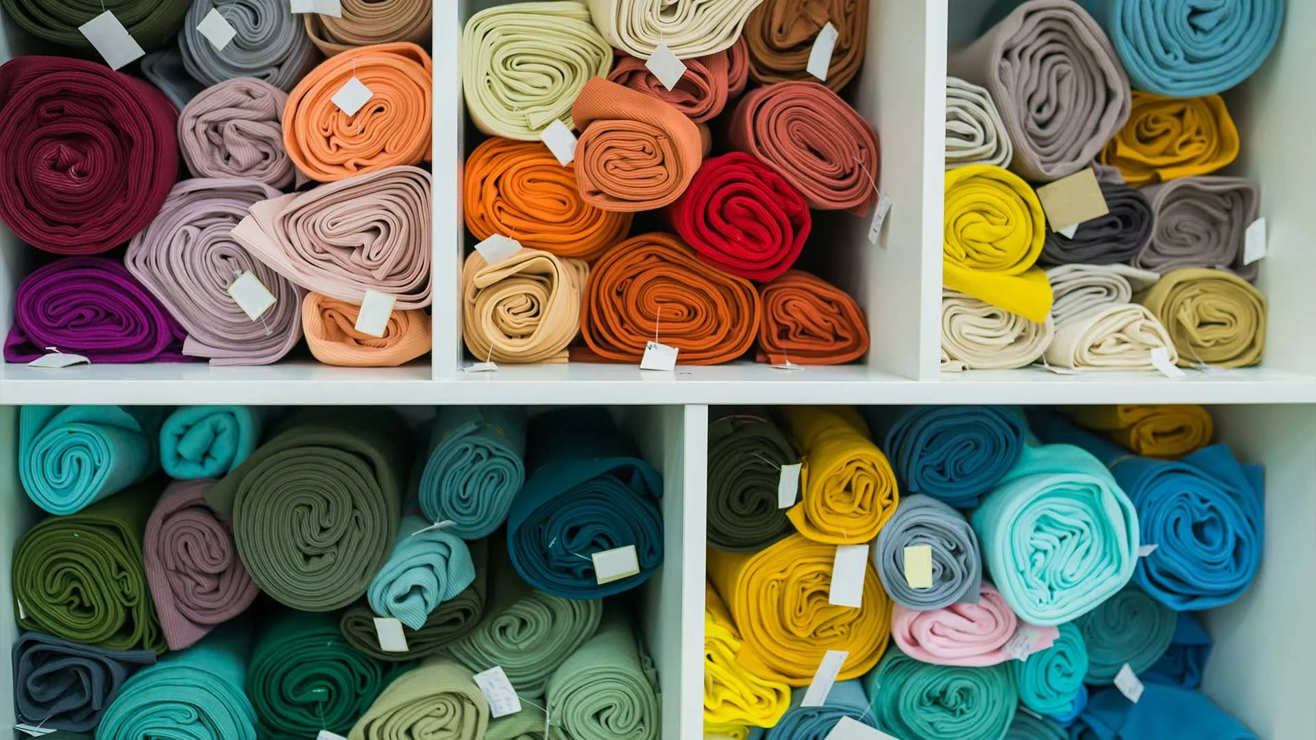 Shelves of rolled drapery fabric bolts in many colors